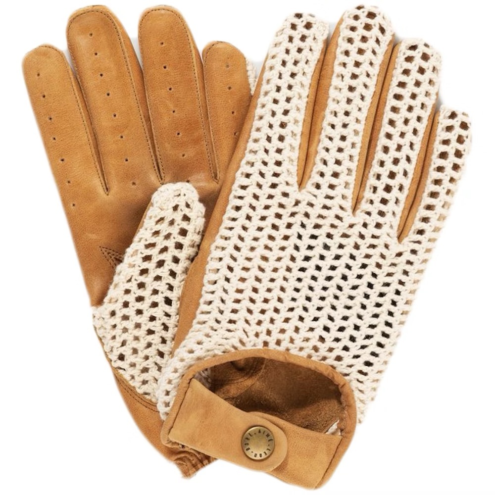 Aime Leon Dore Tan Leather and Cream Crochet Gloves